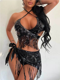 Fission Sexy Tassel Bikini Swimsuit Three-piece Female Cloth