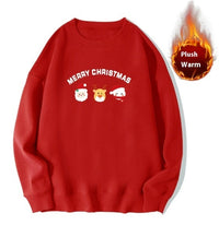 Red Sweater Christmas Fleece-lined Deer Round Neck Couple
