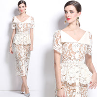 Niche-chic Oversized Lapel Short-sleeve Lace Bodycon Dress For Women
