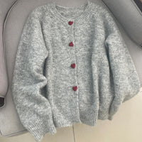 Gray With Heart Button Sweater Coat Women's Loose