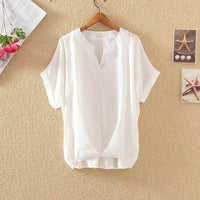 Solid Color And V-neck Batwing Sleeve Top Loose Slimming Cotton And Linen Shirt