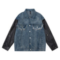 European And American Style Stitching PU Leather Sleeve Denim Jacket