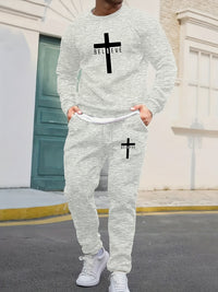 Sports Men's Clothing Casual Retro Digital Printed Round Neck Sweater Suit