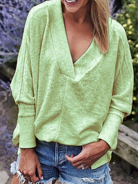 Womens Casual V-Neck Long-Sleeve Pullover Loose Solid Color Multi-Color Top Sweatshirt