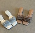 French Square Toe Fireworks Rhinestone Slide Sandals, Elegant Open Toe Luxury Outdoor Slippers