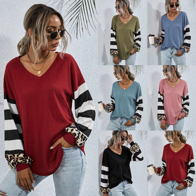 Striped stitching long-sleeved T-shirt women