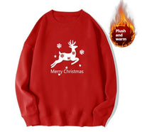 Red Sweater Christmas Fleece-lined Deer Round Neck Couple