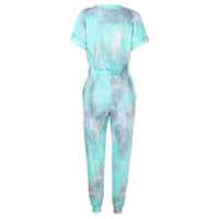Tie-Dye Printed V-Neck Short-Sleeved Casual Jumpsuit