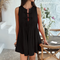 Solid-color Lace-up Pleated Sleeveless Mini Dress For Women