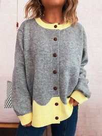 Color Effect Collar Single-breasted Casual Loose Knitted Cardigan Casual Sweater