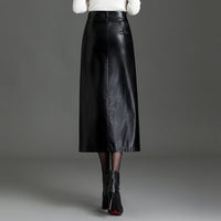 PU Leather Black Mid-length Skirt Womens Autumnwinter Style