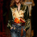 Simulated Silk Loose-Fit Oil Painting Print Summer Long-Sleeve Shirt