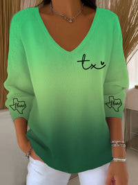 Womens Ribbed V-neck Three-quarter-sleeve Loose-fit T-shirt