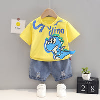 Dinosaur Round Neck Short Sleeve Cotton T-shirt Denim Shorts Suit