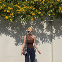 Womens Slanted-Shoulder Pleated Mesh Halter Neck T-Shirt