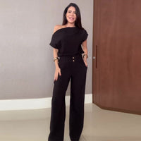 Womens Fashion Off-Shoulder Top And Simple Wide-Leg Pants Set