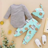 Grey Cartoon Print Long Sleeve Romper Hat Set