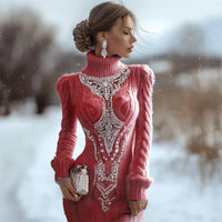 Printed Women's Slim-fit High-neck Bodycon Dress Sweater