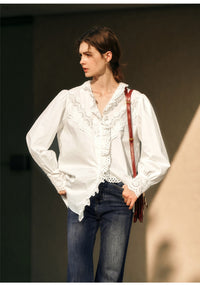 French-style White Lace Long-sleeve Shirt For Women