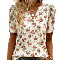 New Printed V-neck Puffed Short-sleeve Casual Fashion Top