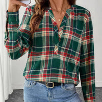Women's V-neck Plaid Shirt Fashion Casual Shirt