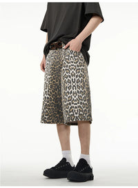 Retro High Street Leopard Print Denim Shorts