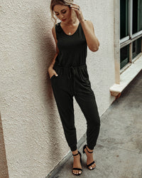 Round neck vest tie Solid Color Jumpsuit