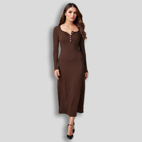 Buttoned Square-neck Long-sleeve Elegant Dress