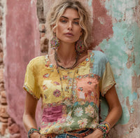 Womens Retro Printed Patchwork Crew-Neck Top