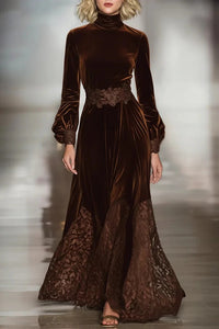 Brown Lace Long-Sleeve Slim-Fit Patchwork Maxi Dress