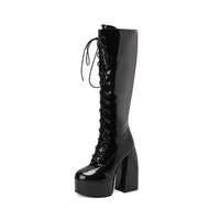 Womens Round-Toe Lace-Up Chunky-Heel Patent Leather Over-the-Knee Boots