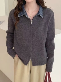 False Two-piece High Quality Denim Patchwork Knitted Sweater