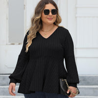 Doll Shirt V-neck Hollow Striped Polar Fleece Lantern Sleeve Bottoming Shirt