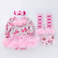 Newborn Cotton Rose Pink Birthday Romper Princess Dress Four Piece Suit