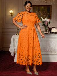 Lace Hollow-out Round-neck Longline Waist-cinching Dress