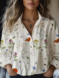 Floral-print Long-sleeve Shirt Delicate Linen Casual Blouse