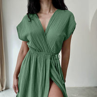 Deep V-neck Short-Sleeve Long Nightdress Loose-Fitting One-Piece Breathable Womens Loungewear