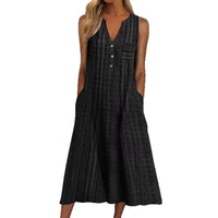 Fashionable Pocketed V-Neck Striped Sleeveless Casual Dress