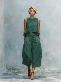 Womens Linen-blend Two-piece Set With Ruffled Detailing