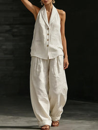 Wide-leg Pants Suit Womens Cotton-linen Fashionable Two-piece Set