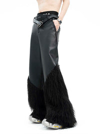 Black Fur Stitching Leather Pants Winter Environmental Protection