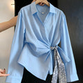 Womens Autumn Long-Sleeve Shirt With A Diagonal-Placket Silk Scarf Tie