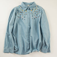 Embroidered Washed Denim Long-Sleeve Shirt Womens Single-Breasted Top