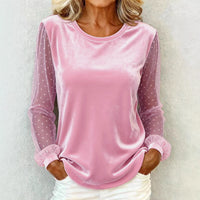 Women's Round-Neck Lace-Panel Long-Sleeve Velvet T-Shirt