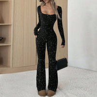 Autumn Temperament Slim Fit Square Neck Silver Jumpsuit For Women