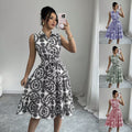 Stylish Printed Sleeveless Lace-Up Waist-Cinching Dress