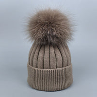 Fox Fur Warm Winter Hat With Ball For Women Child Girl Wool Thick Knitted