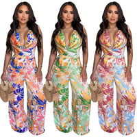 Women's Sleeveless Lace-up Wide-leg Printed Jumpsuit