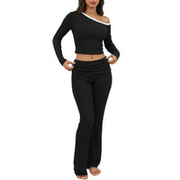 Long-sleeve Cropped Midriff-baring Pleated Pants Set