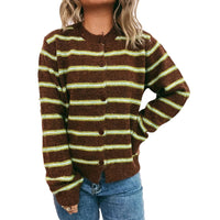 Striped Contrast Color Knitted Cardigan Simple Commute Round Neck Sweater